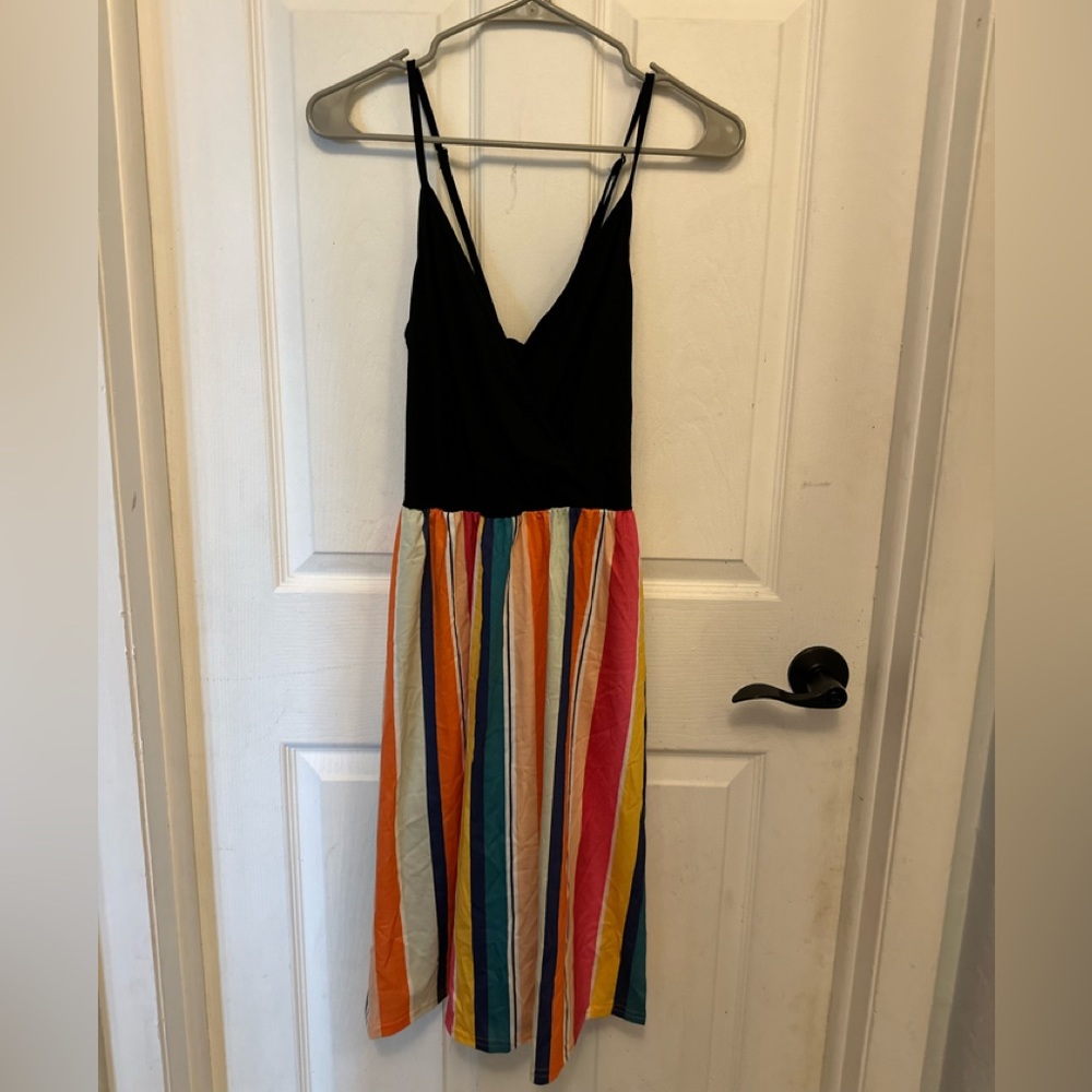 Lai She. black & multi colored striped v neck spaghetti strap dress